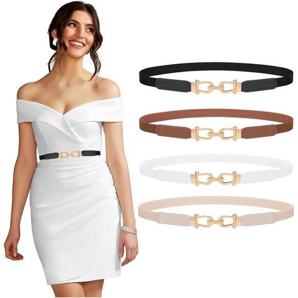 Women Elastic Belts 4 Pack Skinny Stretchy Waist Belts for Dresses and More